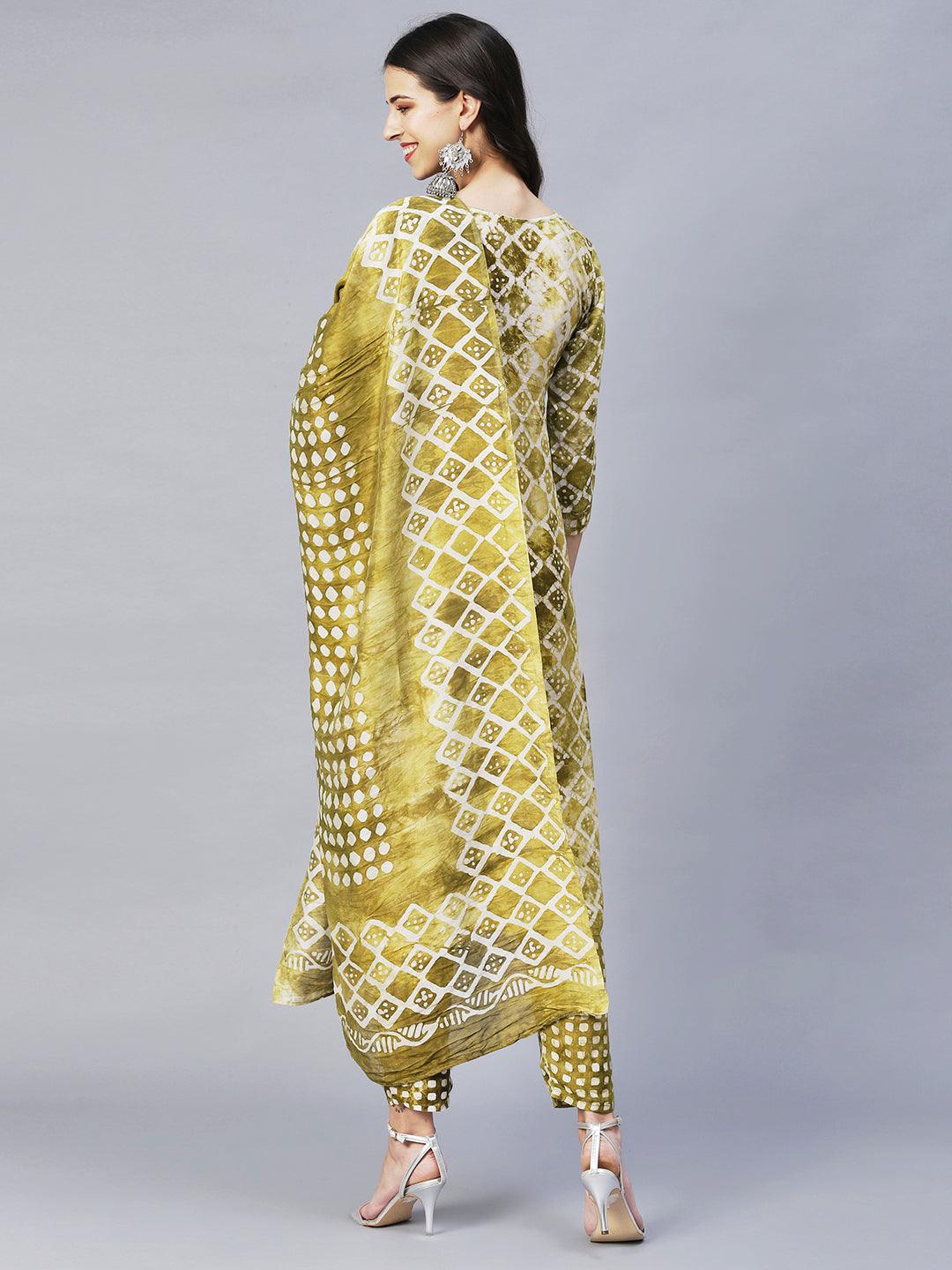 Ethnic Printed & Hand Embroidered Kurta with Pants & Dupatta - Moss Green - Indiakreations