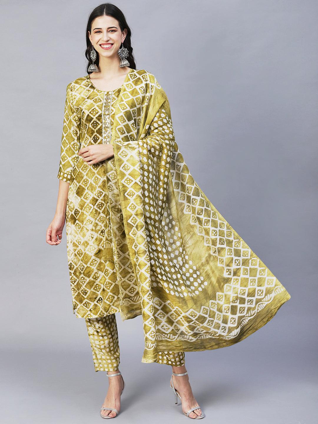 Ethnic Printed & Hand Embroidered Kurta with Pants & Dupatta - Moss Green - Indiakreations