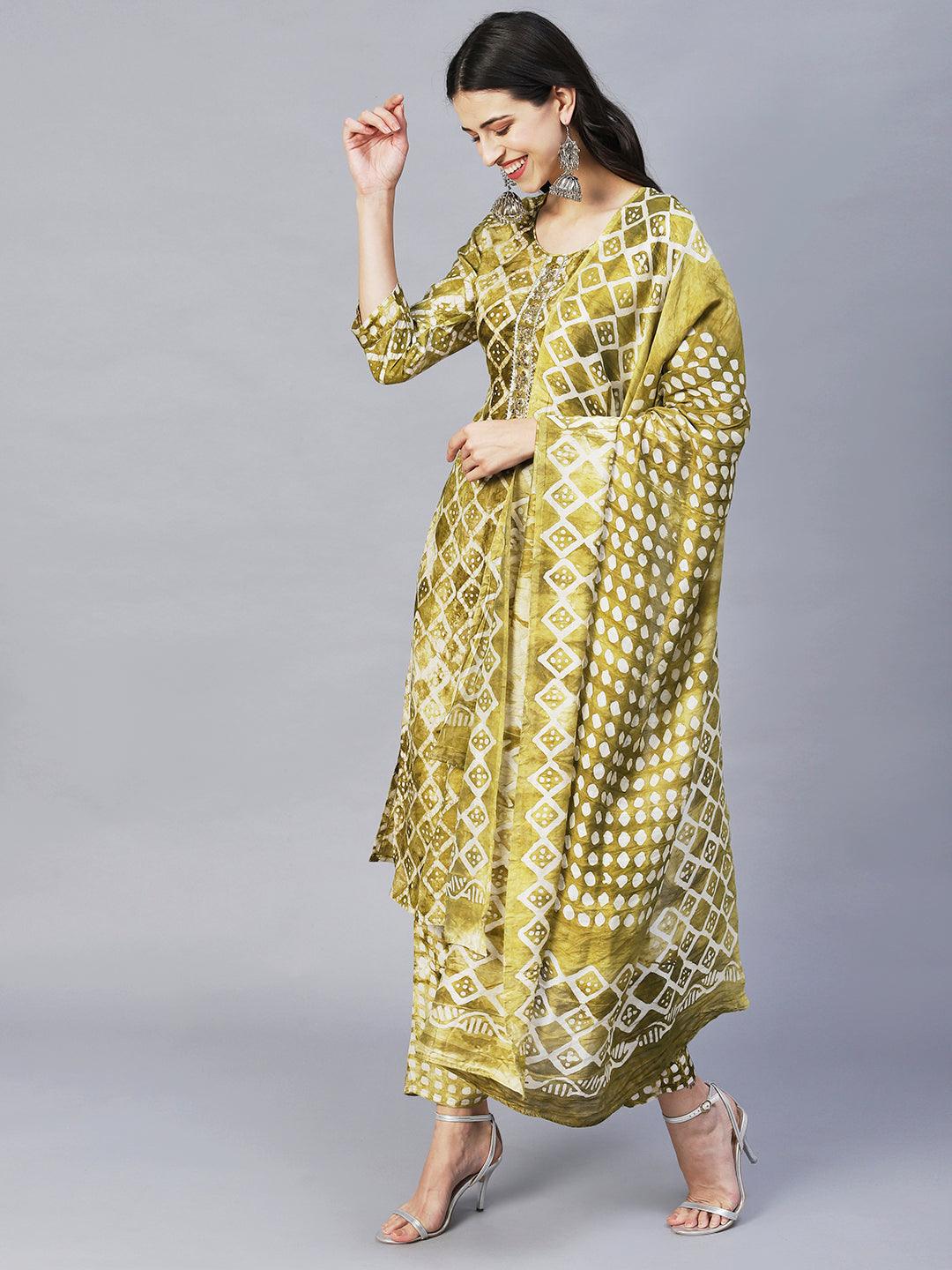 Ethnic Printed & Hand Embroidered Kurta with Pants & Dupatta - Moss Green - Indiakreations