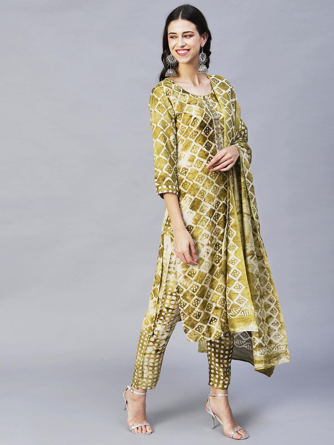 Ethnic Printed & Hand Embroidered Kurta with Pants & Dupatta - Moss Green - Indiakreations