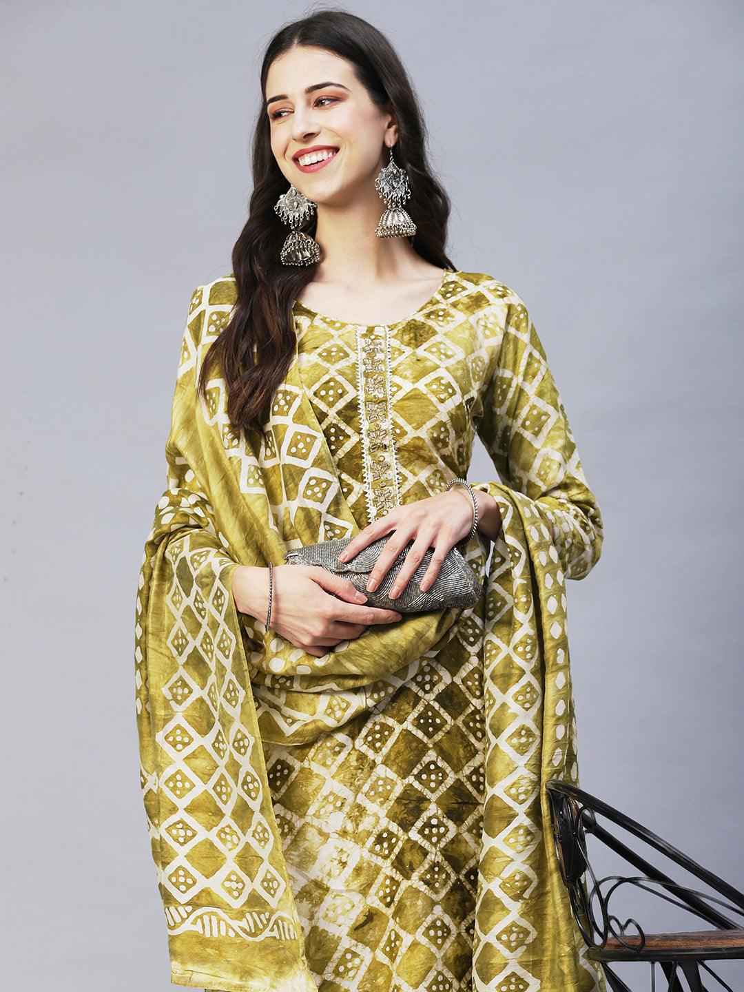 Ethnic Printed & Hand Embroidered Kurta with Pants & Dupatta - Moss Green - Indiakreations