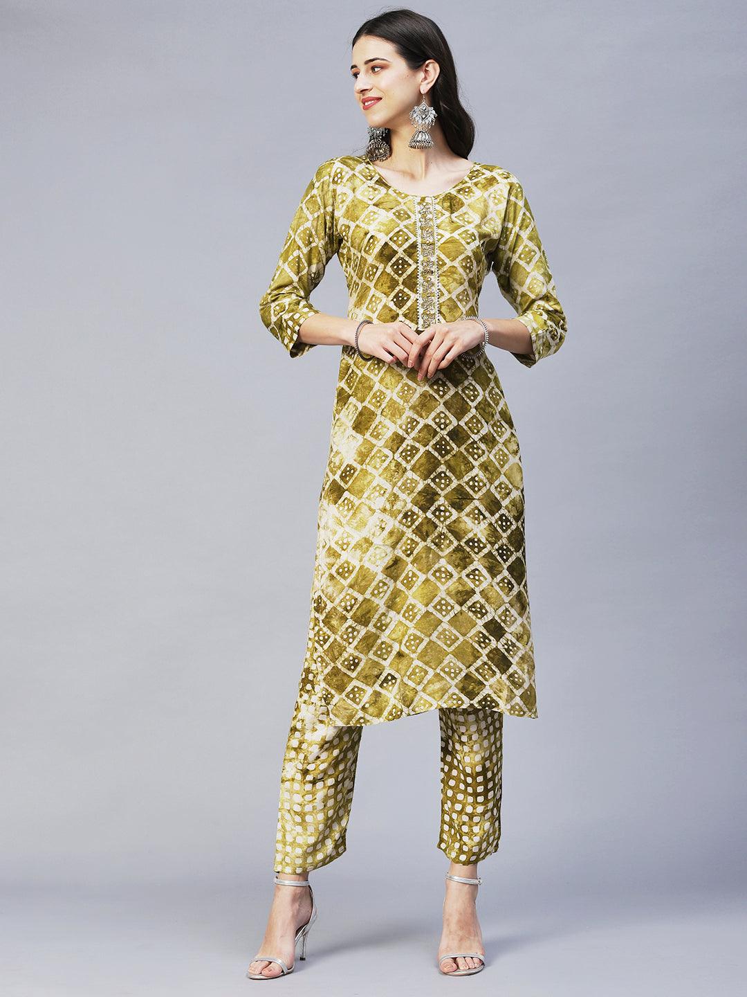 Ethnic Printed & Hand Embroidered Kurta with Pants & Dupatta - Moss Green - Indiakreations