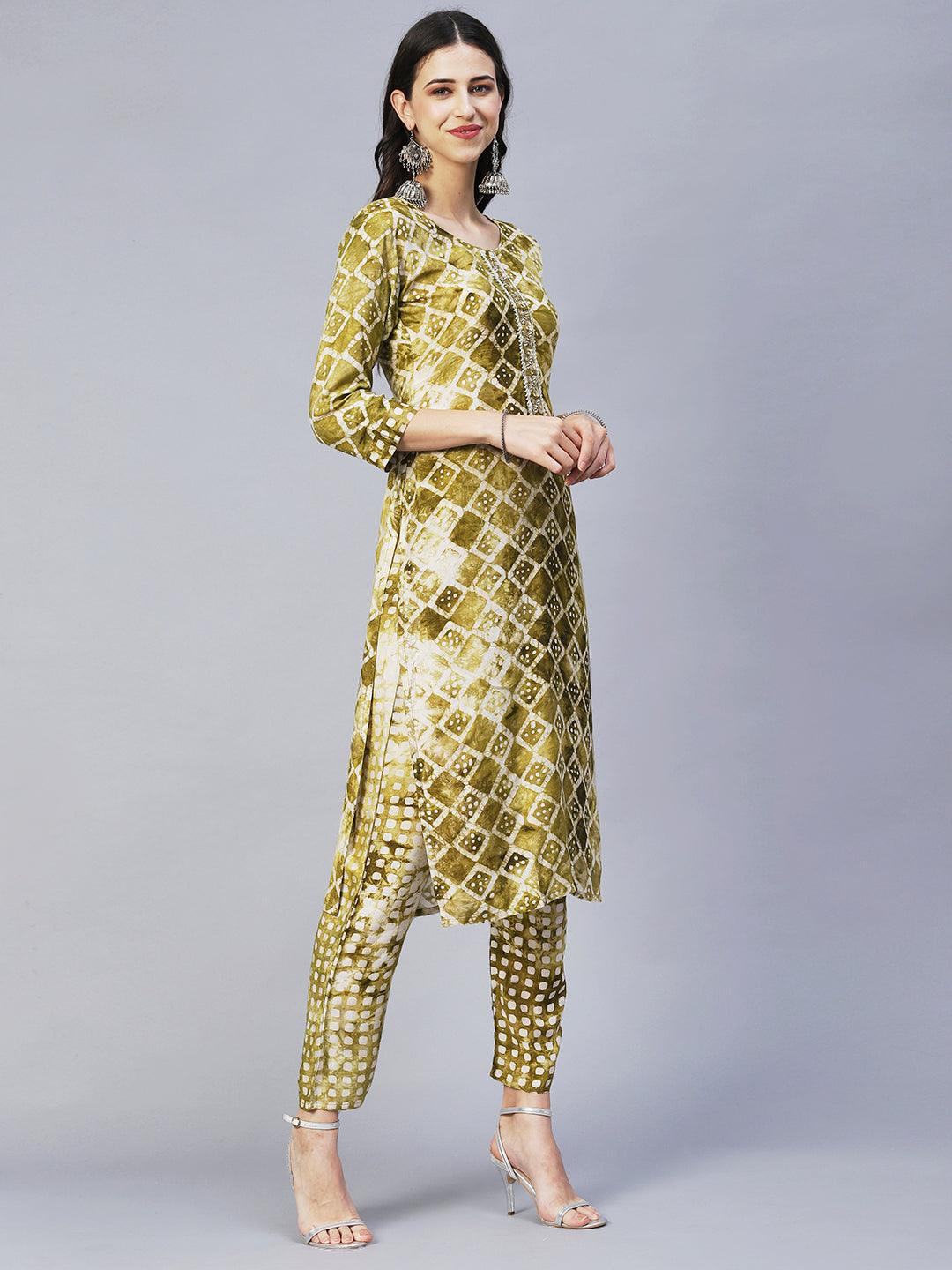 Ethnic Printed & Hand Embroidered Kurta with Pants & Dupatta - Moss Green - Indiakreations