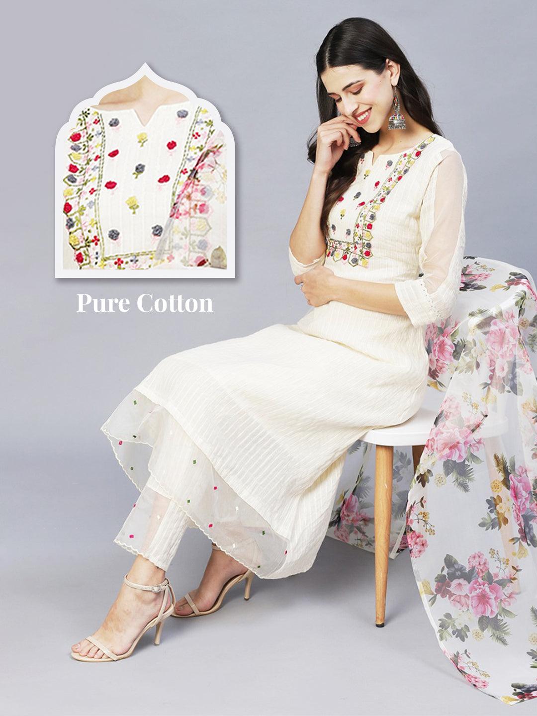 Lurex Striped & Embroidered Kurta with Pants & Dupatta - Off White - Indiakreations