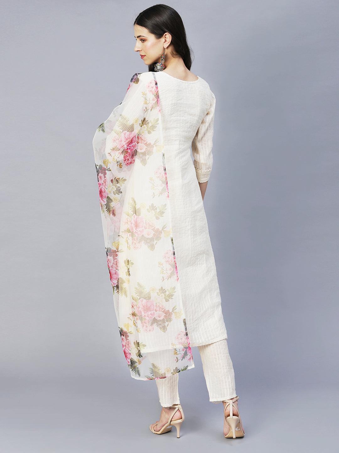 Lurex Striped & Embroidered Kurta with Pants & Dupatta - Off White - Indiakreations