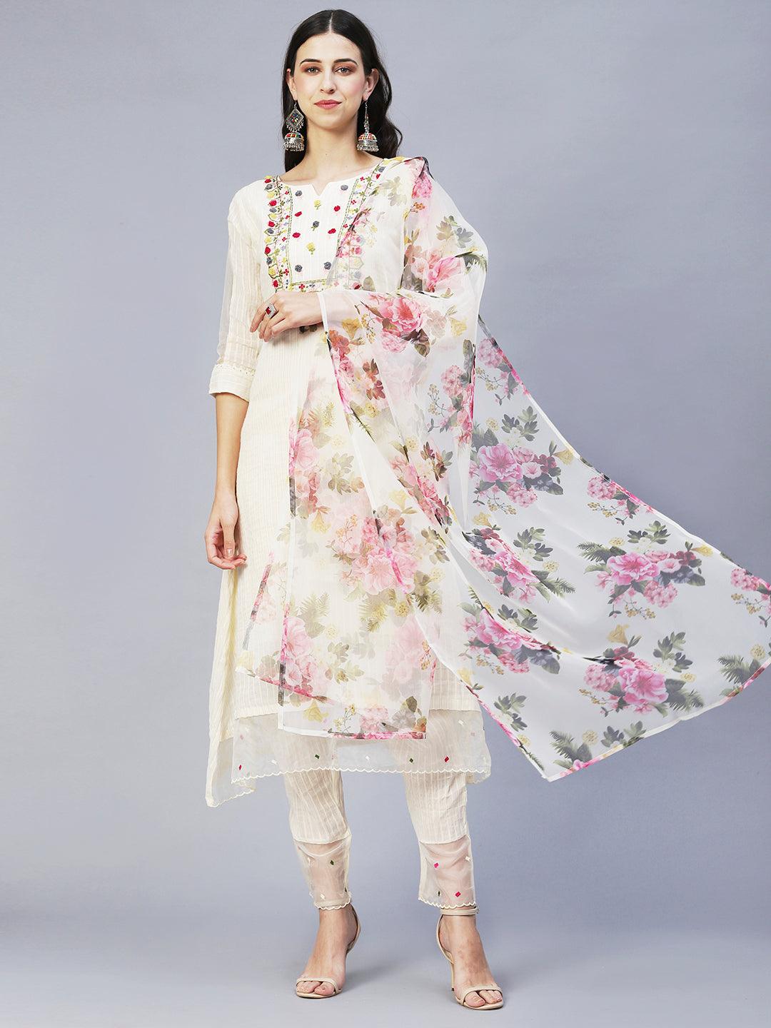 Lurex Striped & Embroidered Kurta with Pants & Dupatta - Off White - Indiakreations