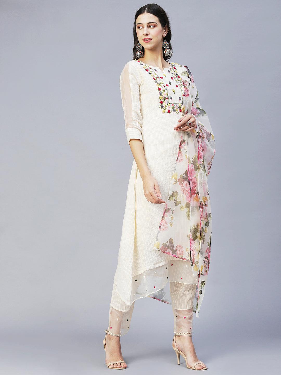 Lurex Striped & Embroidered Kurta with Pants & Dupatta - Off White - Indiakreations