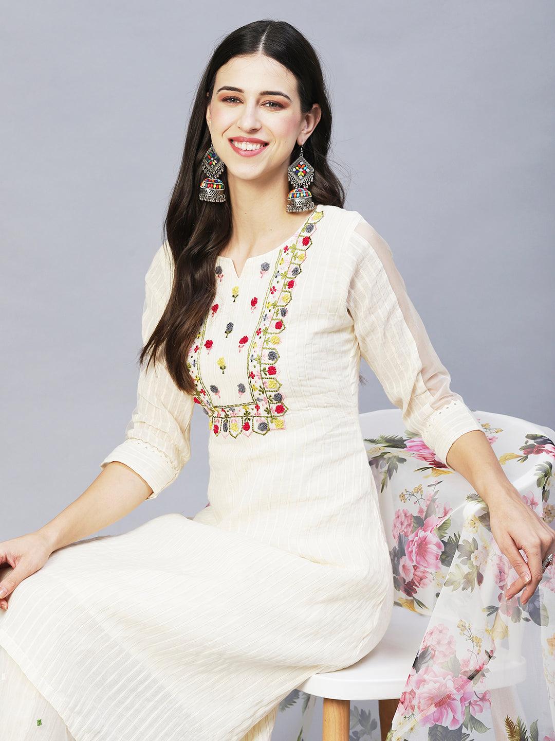 Lurex Striped & Embroidered Kurta with Pants & Dupatta - Off White - Indiakreations