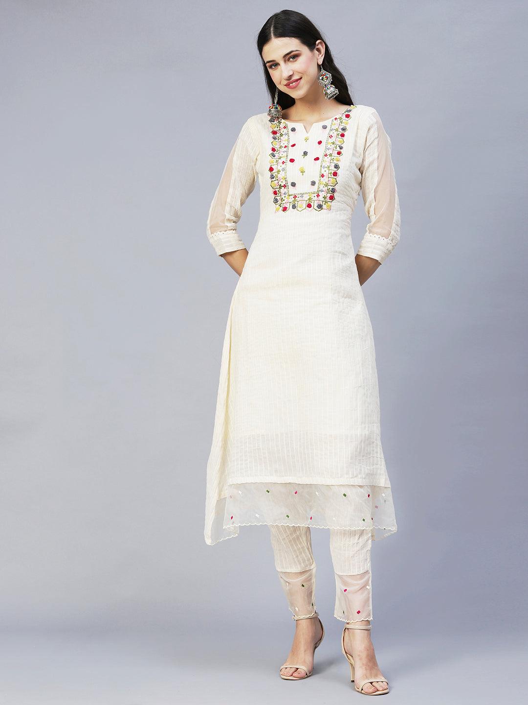 Lurex Striped & Embroidered Kurta with Pants & Dupatta - Off White - Indiakreations