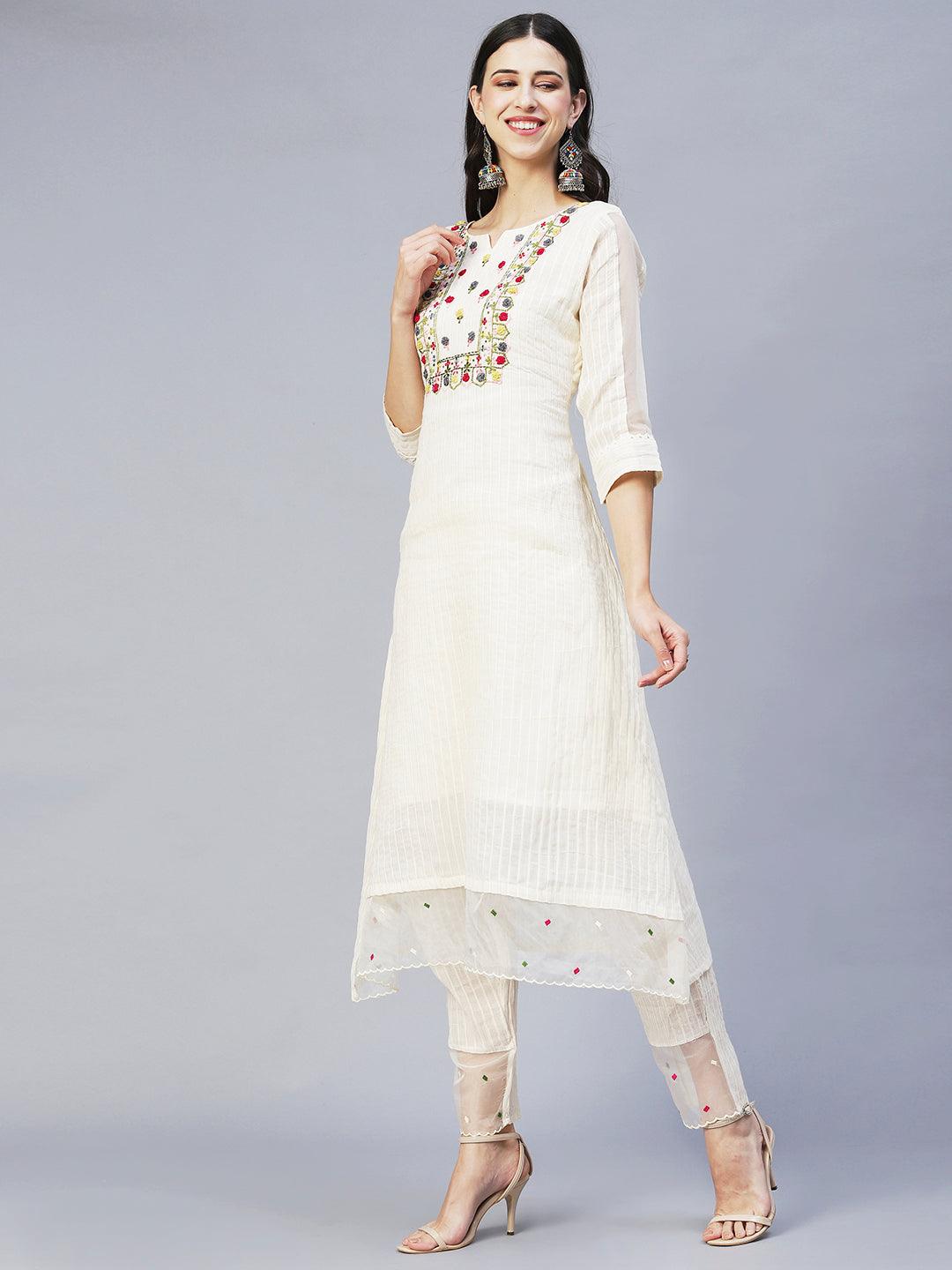 Lurex Striped & Embroidered Kurta with Pants & Dupatta - Off White - Indiakreations