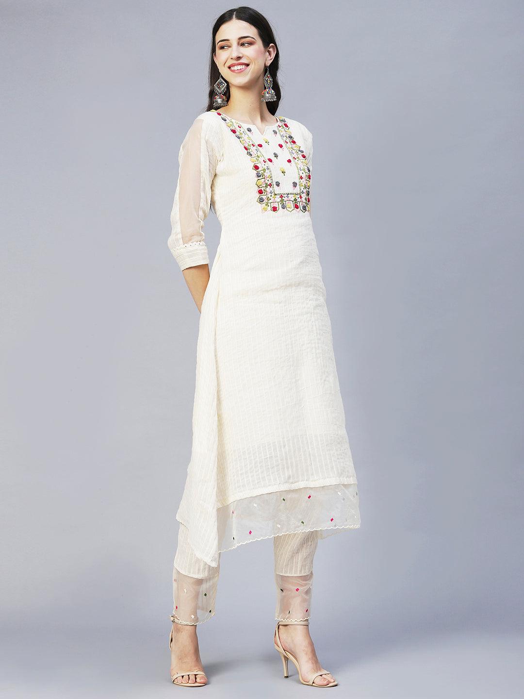 Lurex Striped & Embroidered Kurta with Pants & Dupatta - Off White - Indiakreations