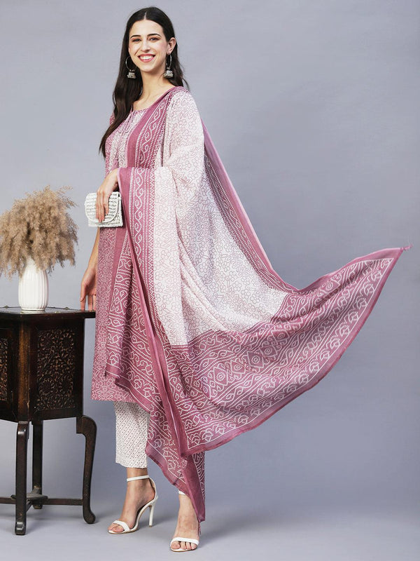 Bandhani Printed & Embroidered Straight Kurta with Pants & Dupatta - Lilac - Indiakreations