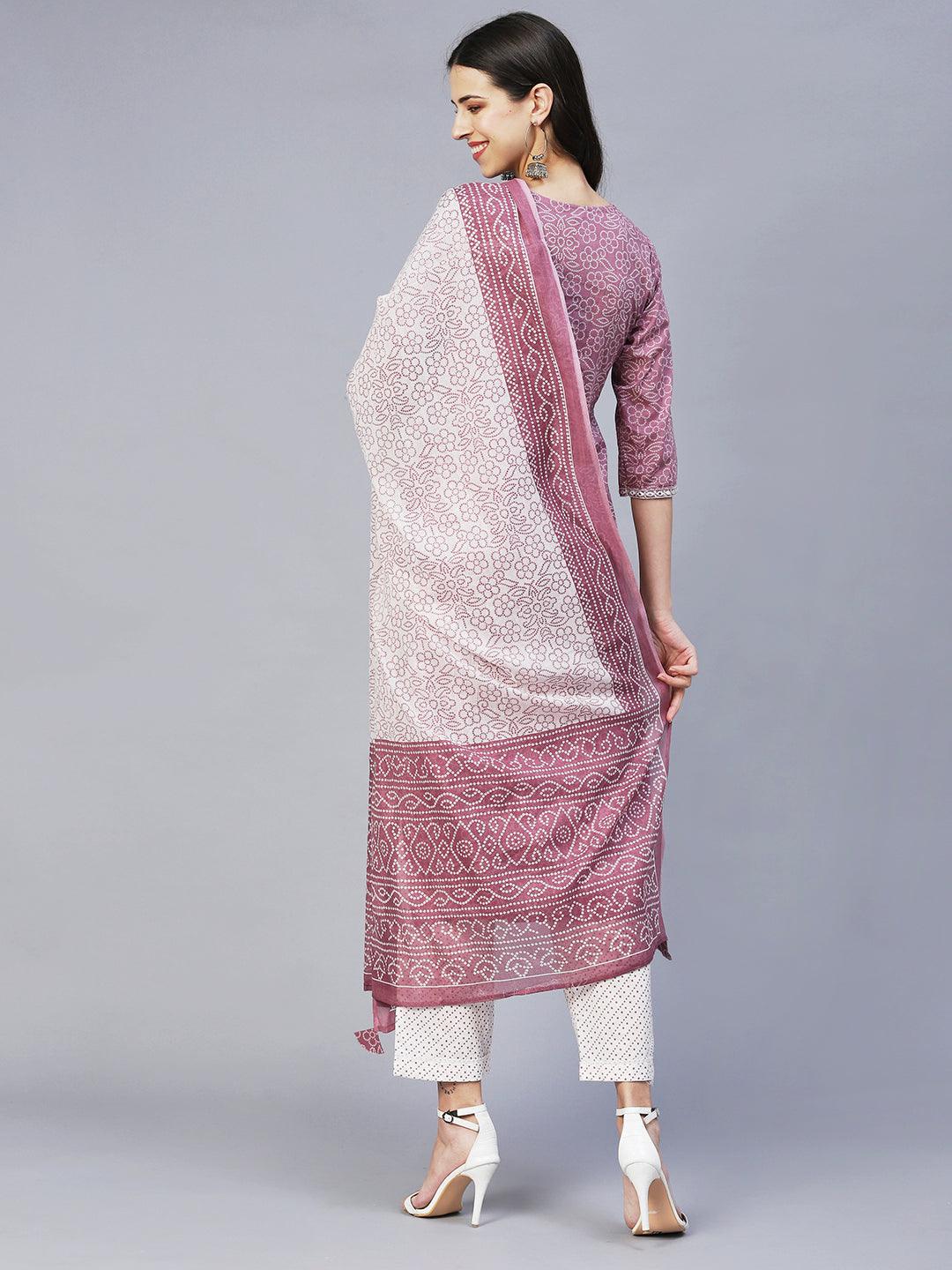 Bandhani Printed & Embroidered Straight Kurta with Pants & Dupatta - Lilac - Indiakreations