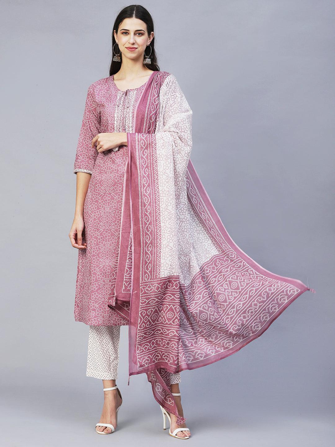 Bandhani Printed & Embroidered Straight Kurta with Pants & Dupatta - Lilac - Indiakreations