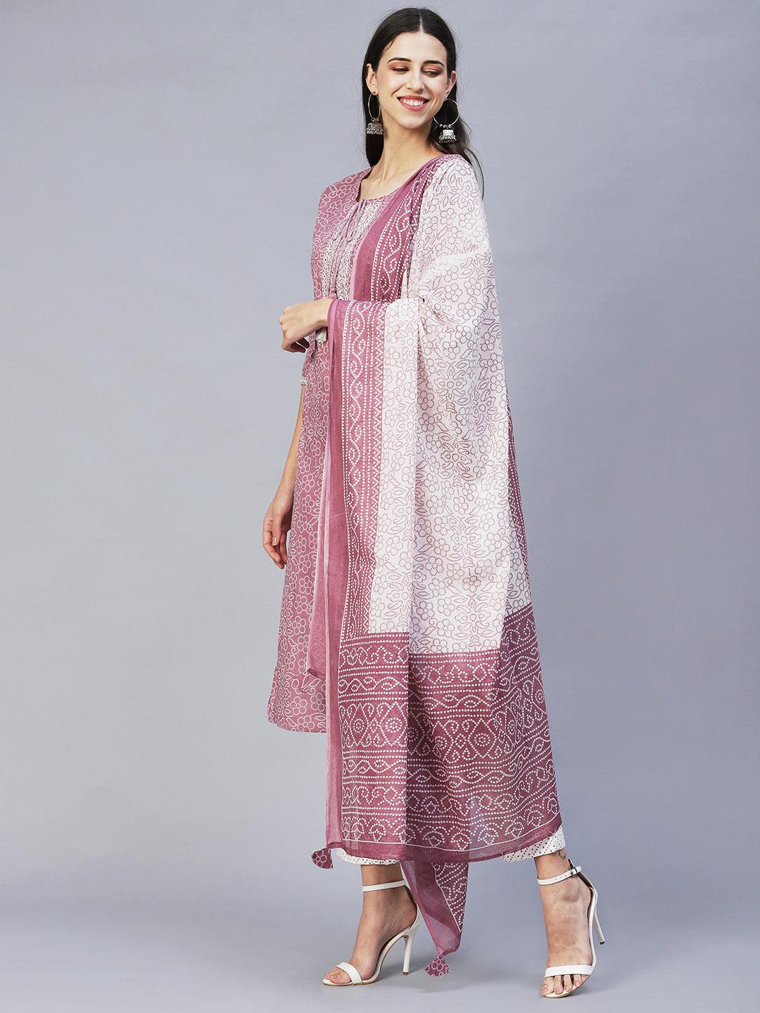 Bandhani Printed & Embroidered Straight Kurta with Pants & Dupatta - Lilac - Indiakreations