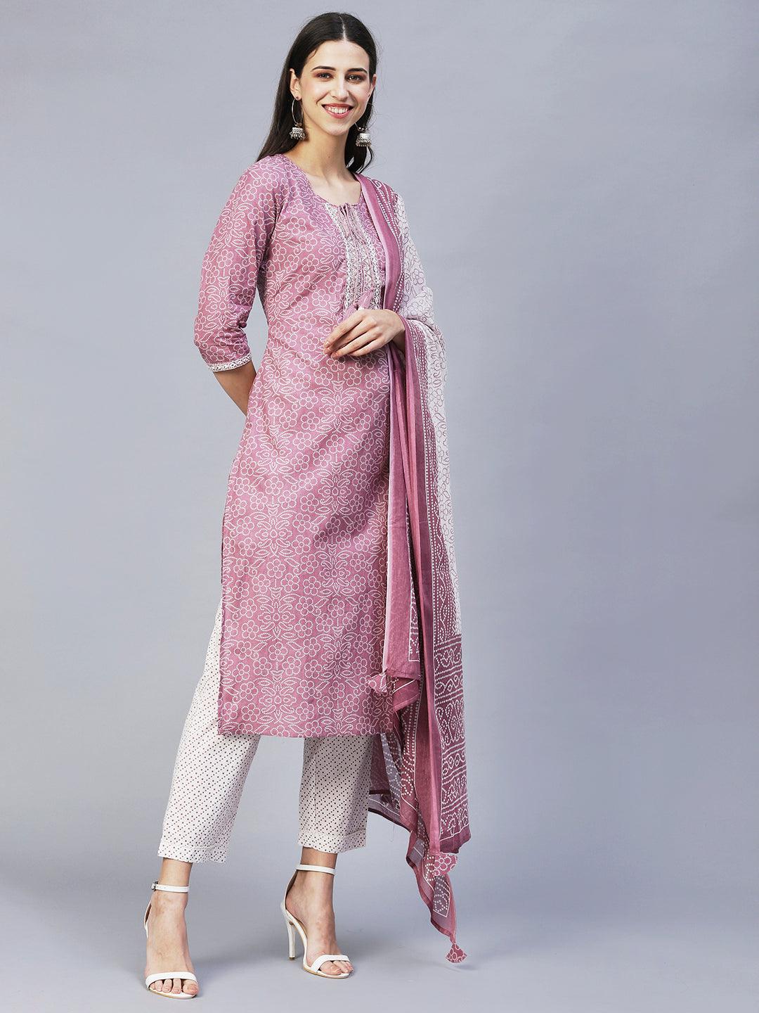 Bandhani Printed & Embroidered Straight Kurta with Pants & Dupatta - Lilac - Indiakreations