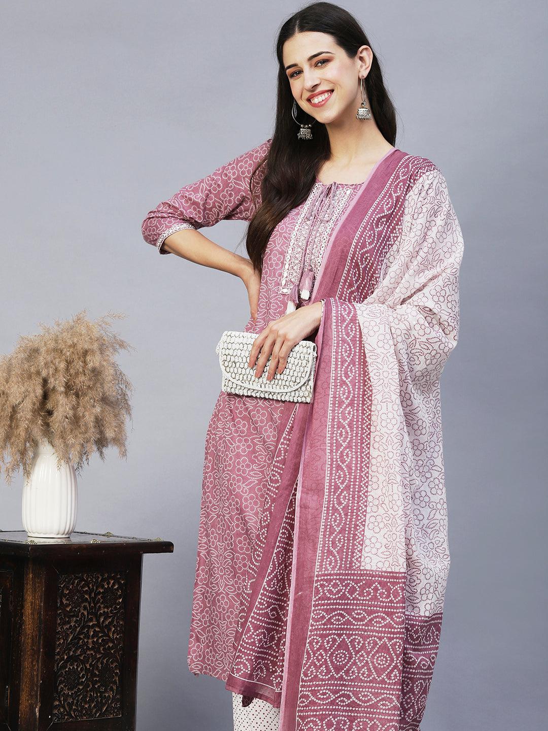 Bandhani Printed & Embroidered Straight Kurta with Pants & Dupatta - Lilac - Indiakreations