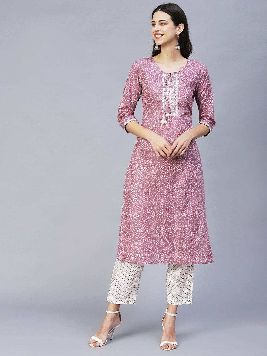 Bandhani Printed & Embroidered Straight Kurta with Pants & Dupatta - Lilac - Indiakreations