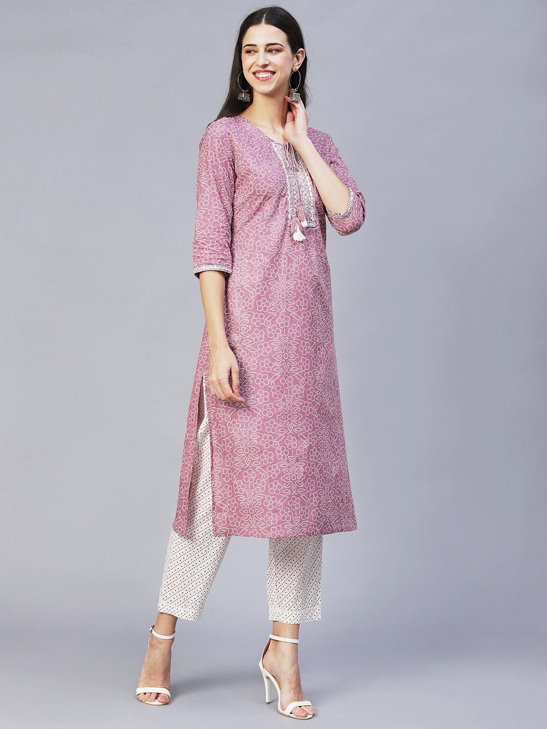 Bandhani Printed & Embroidered Straight Kurta with Pants & Dupatta - Lilac - Indiakreations