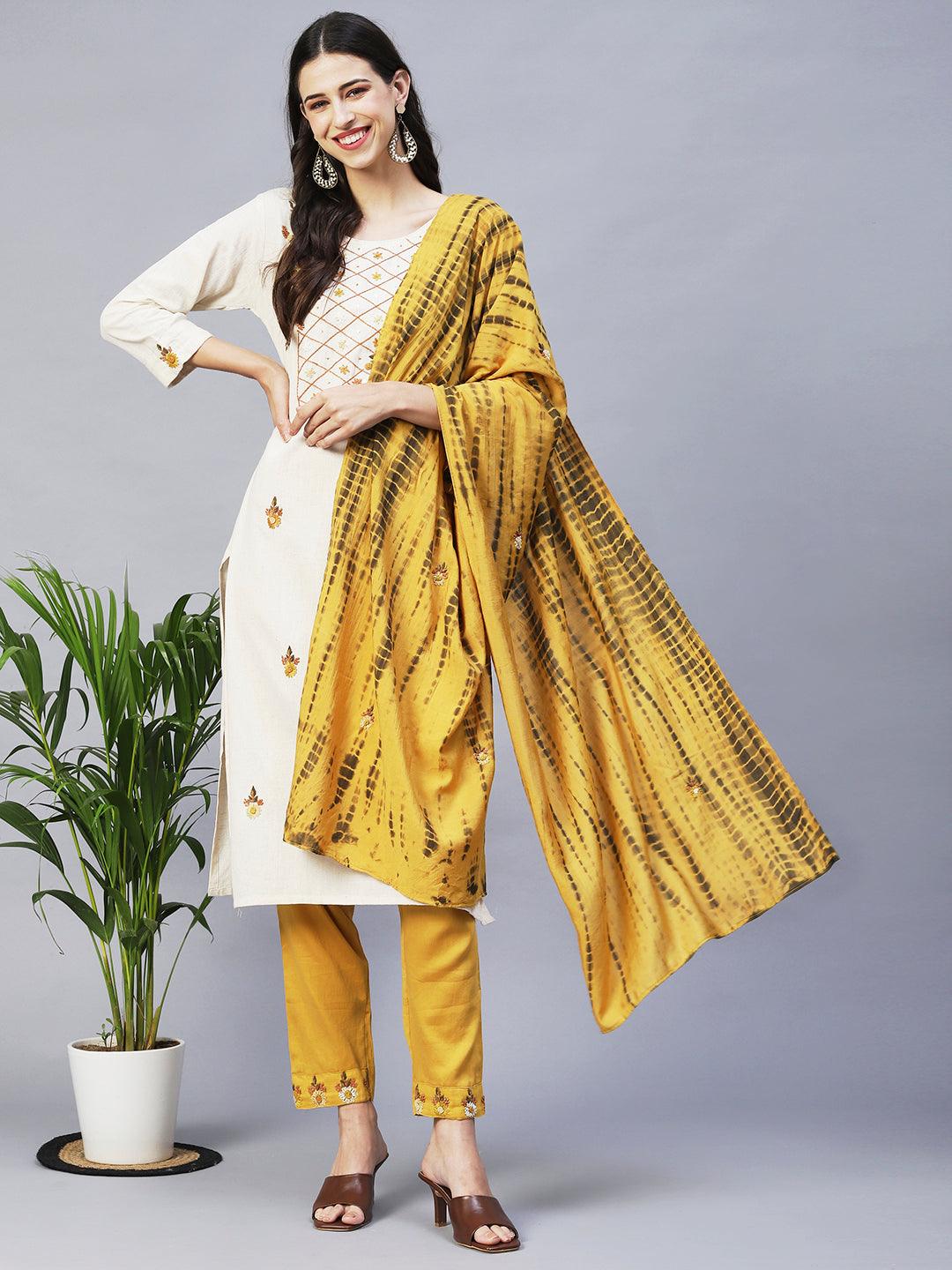 Floral Hand Embroidered Straight Kurta with Pants & Dupatta - Off White - Indiakreations