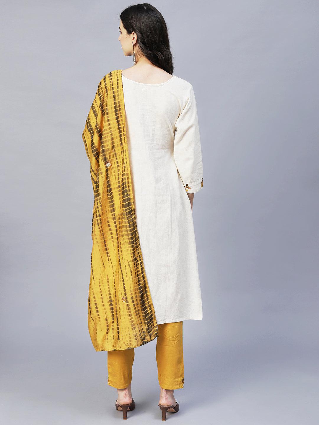 Floral Hand Embroidered Straight Kurta with Pants & Dupatta - Off White - Indiakreations