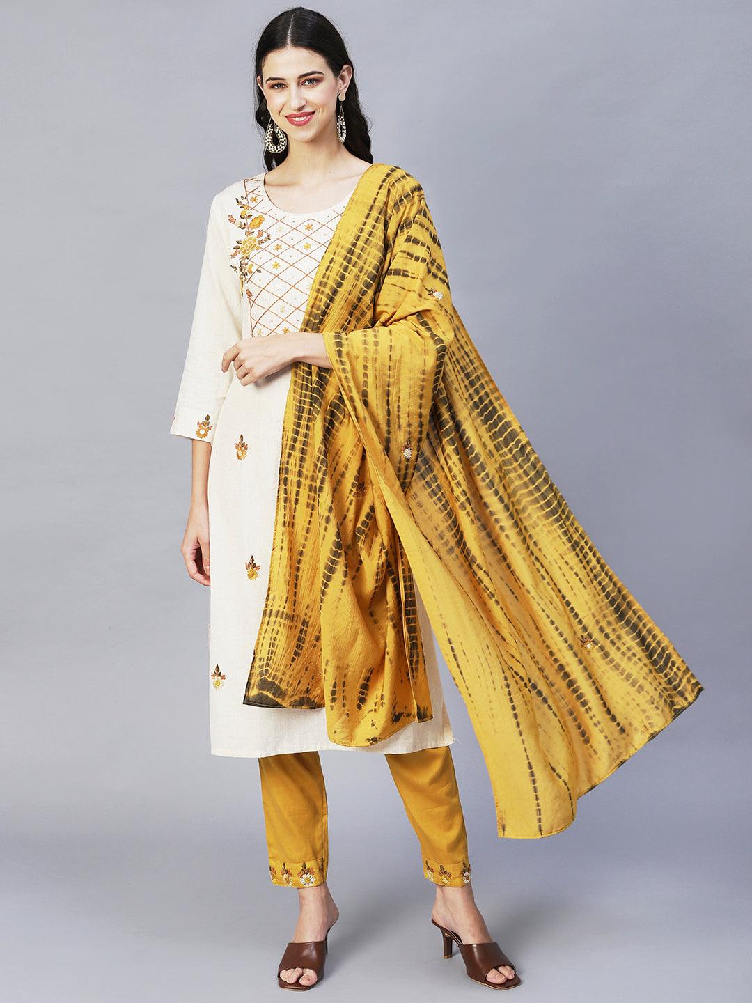 Floral Hand Embroidered Straight Kurta with Pants & Dupatta - Off White - Indiakreations