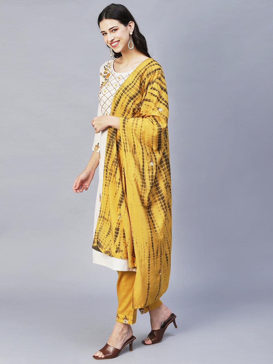 Floral Hand Embroidered Straight Kurta with Pants & Dupatta - Off White - Indiakreations