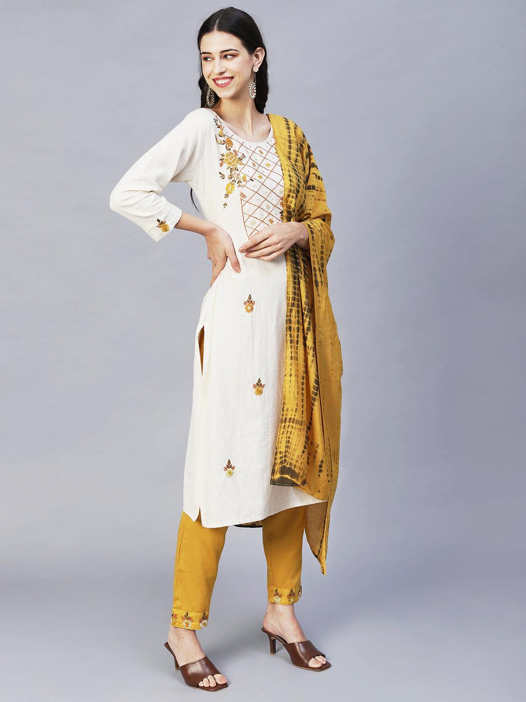 Floral Hand Embroidered Straight Kurta with Pants & Dupatta - Off White - Indiakreations