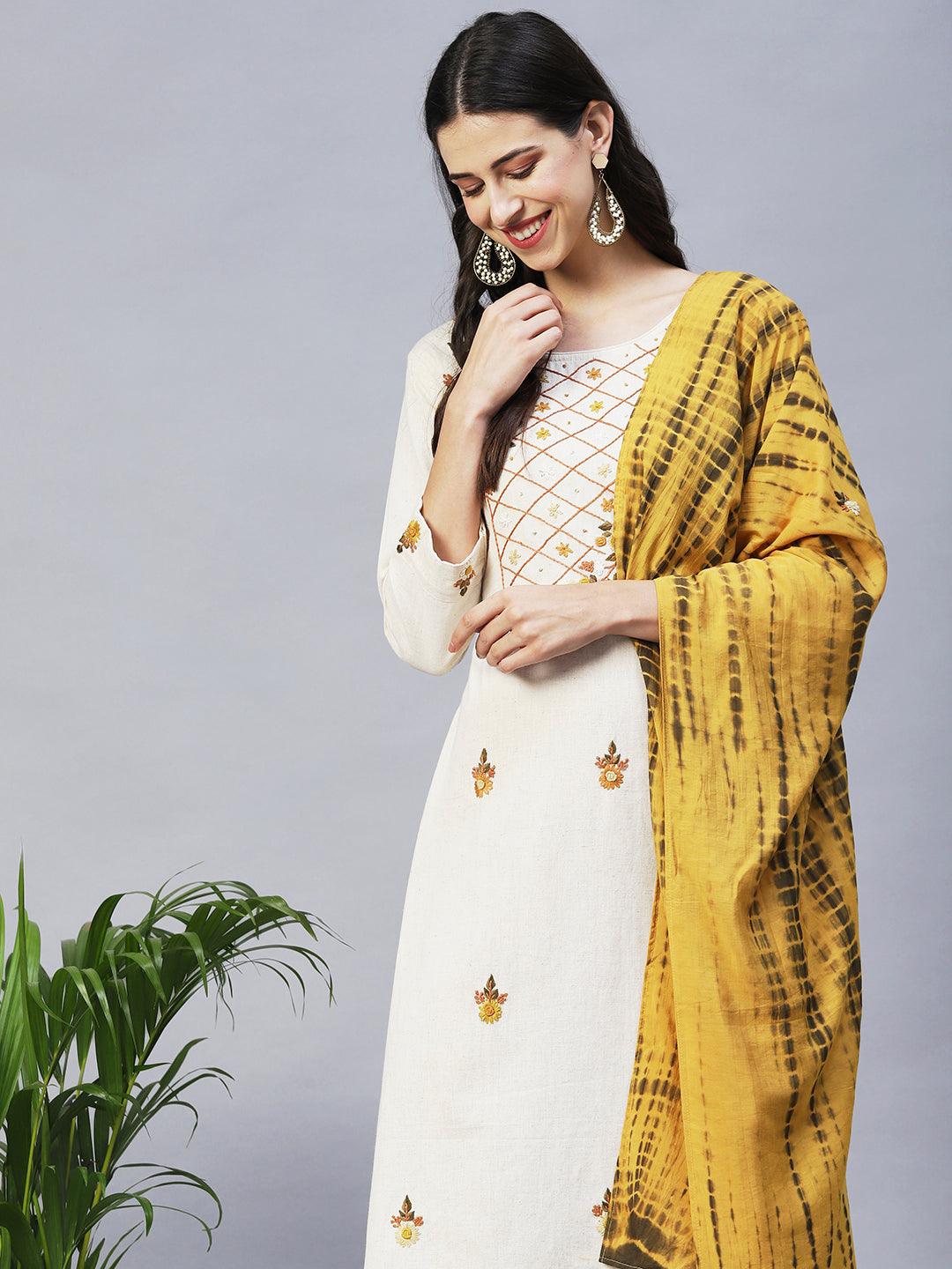 Floral Hand Embroidered Straight Kurta with Pants & Dupatta - Off White - Indiakreations