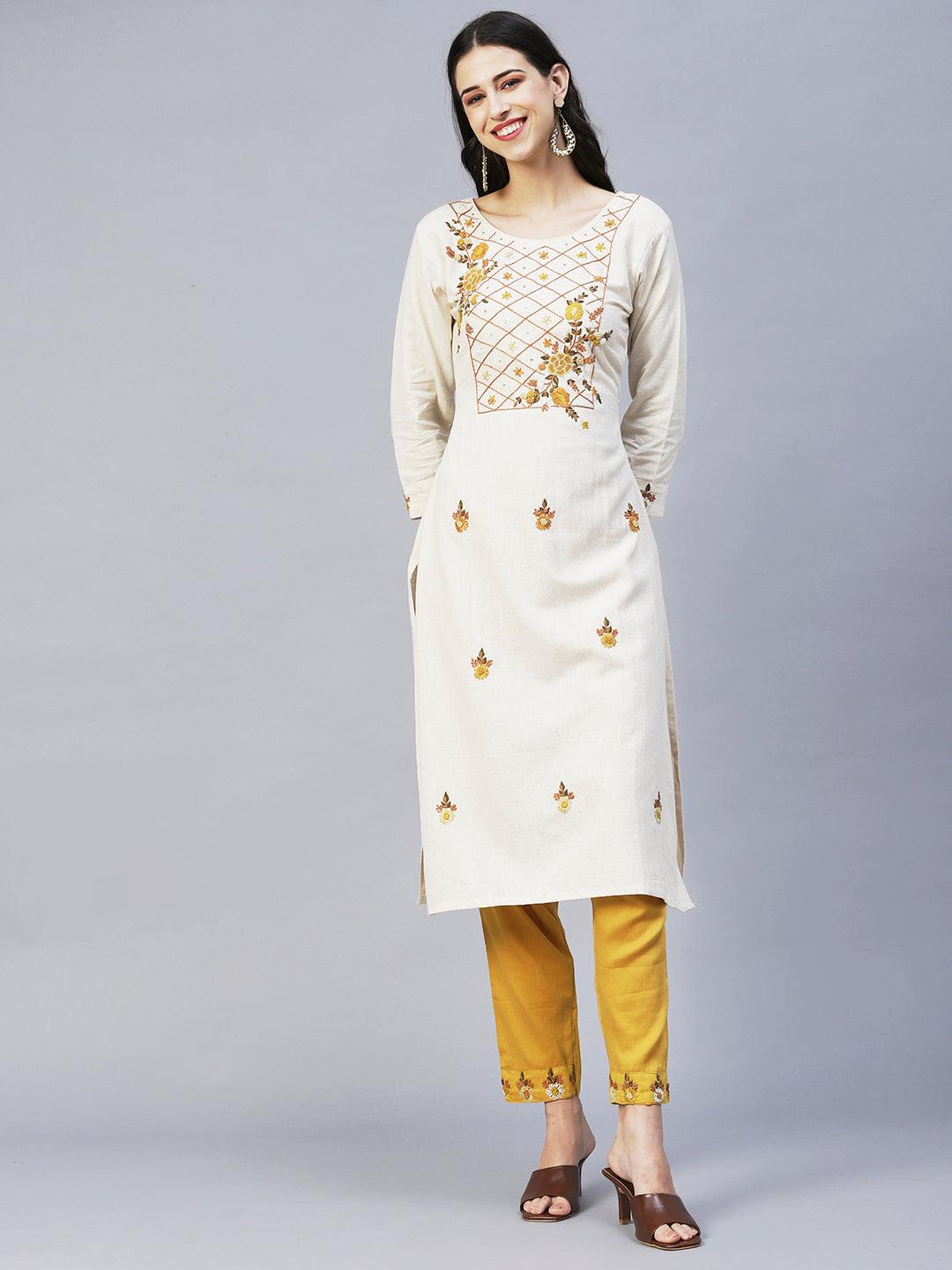 Floral Hand Embroidered Straight Kurta with Pants & Dupatta - Off White - Indiakreations