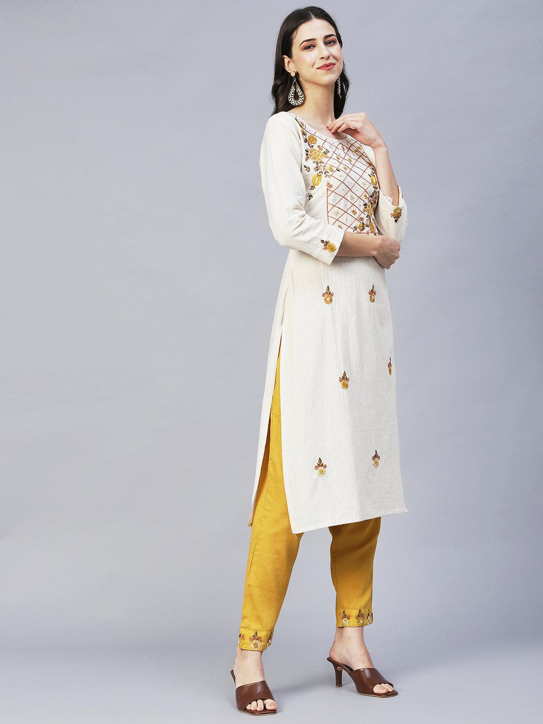 Floral Hand Embroidered Straight Kurta with Pants & Dupatta - Off White - Indiakreations