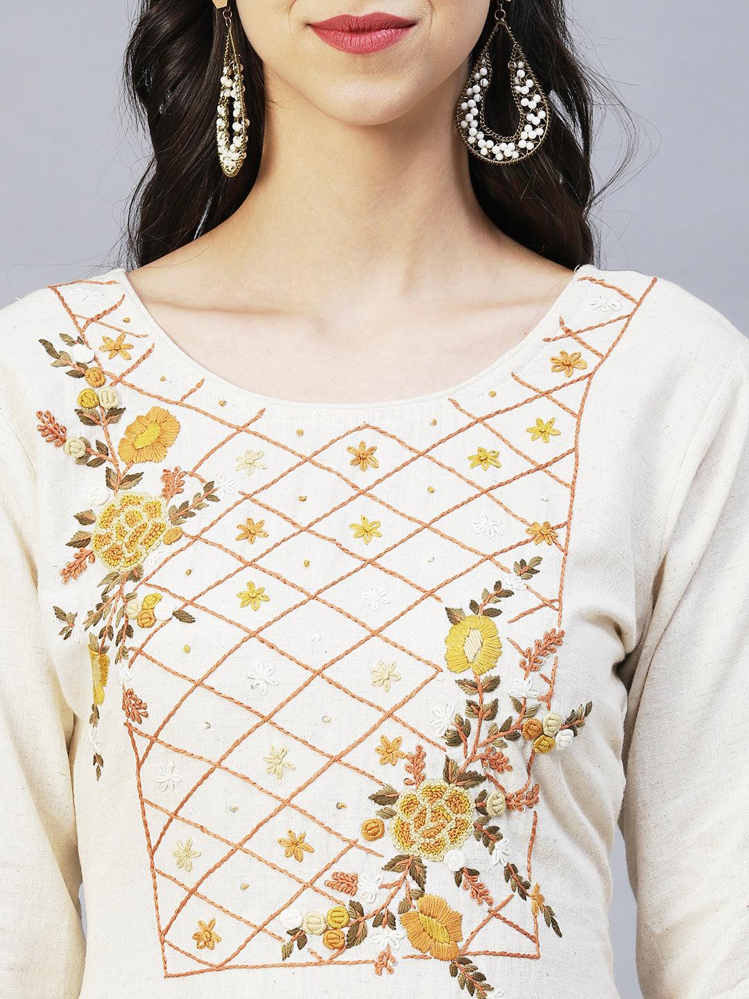 Floral Hand Embroidered Straight Kurta with Pants & Dupatta - Off White - Indiakreations