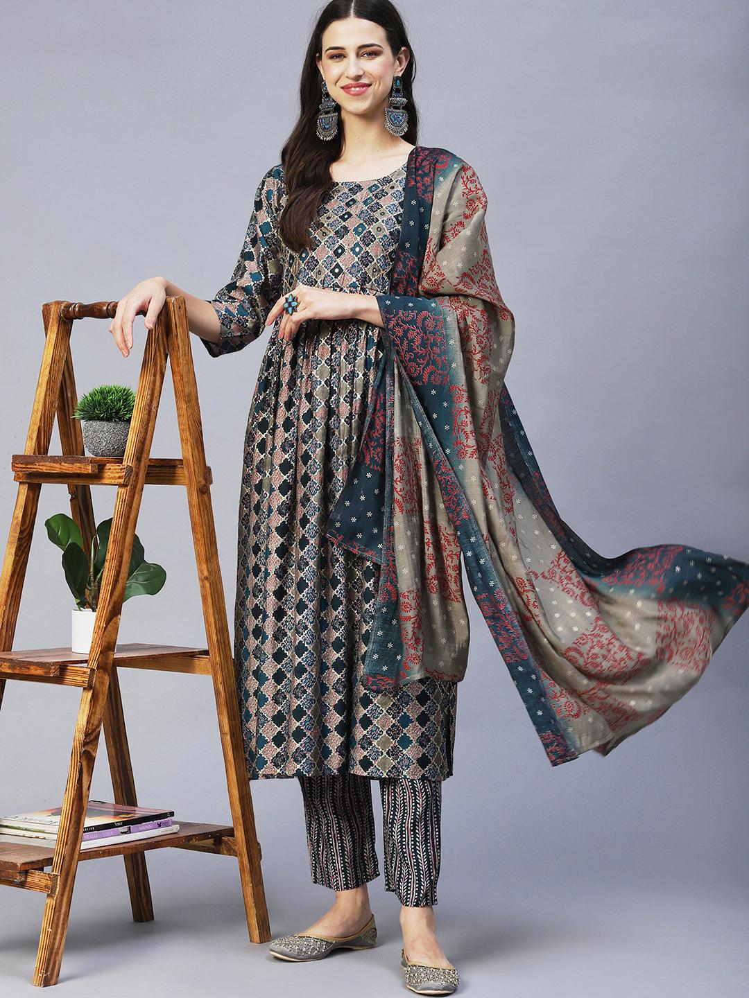 Ethnic Printed & Hand Embroidered A-Line Kurta with Pants & Dupatta - Multi - Indiakreations