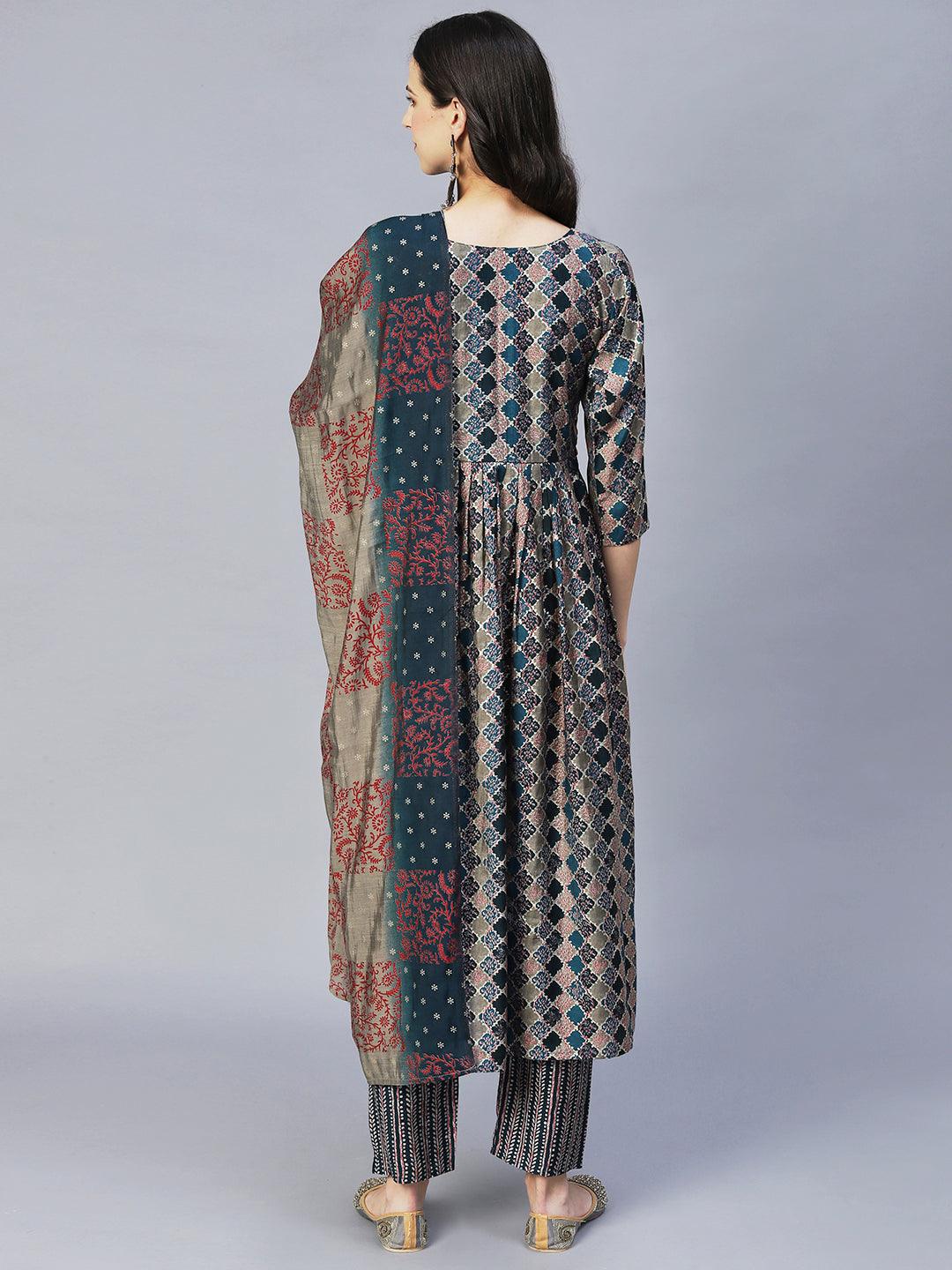 Ethnic Printed & Hand Embroidered A-Line Kurta with Pants & Dupatta - Multi - Indiakreations