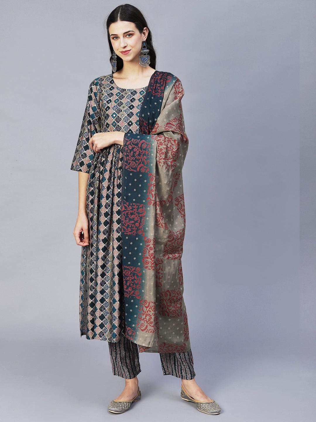 Ethnic Printed & Hand Embroidered A-Line Kurta with Pants & Dupatta - Multi - Indiakreations