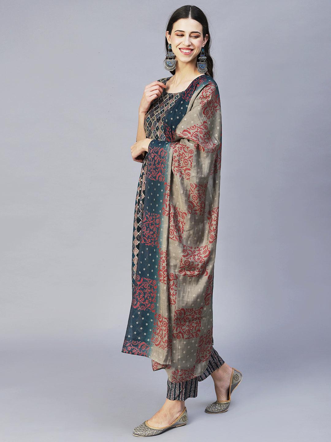 Ethnic Printed & Hand Embroidered A-Line Kurta with Pants & Dupatta - Multi - Indiakreations