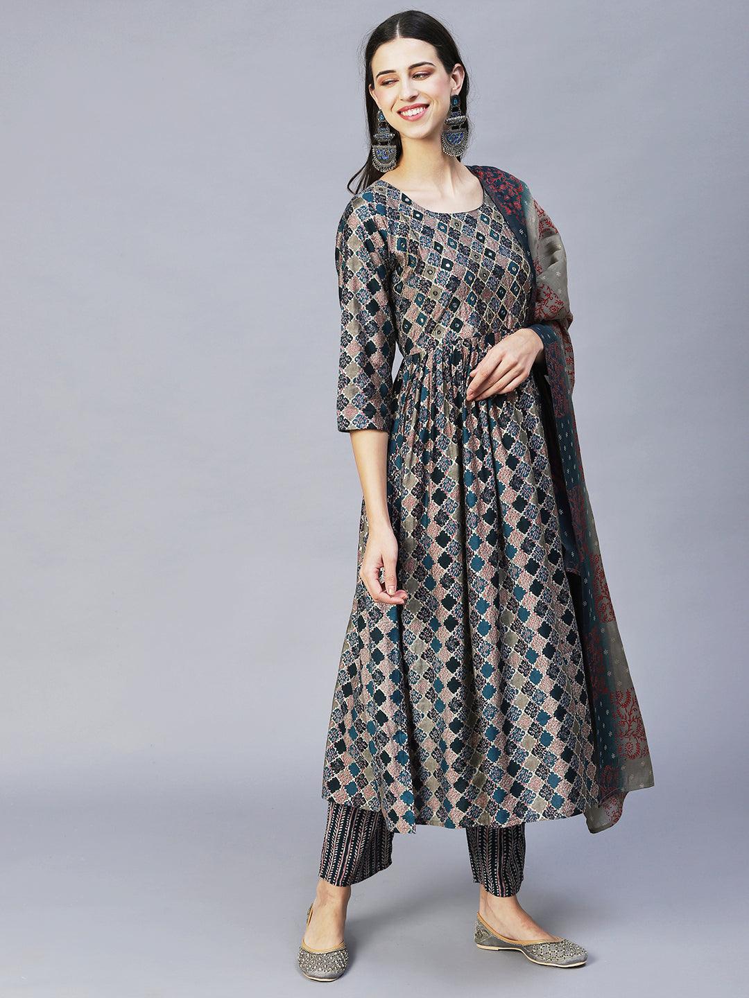 Ethnic Printed & Hand Embroidered A-Line Kurta with Pants & Dupatta - Multi - Indiakreations