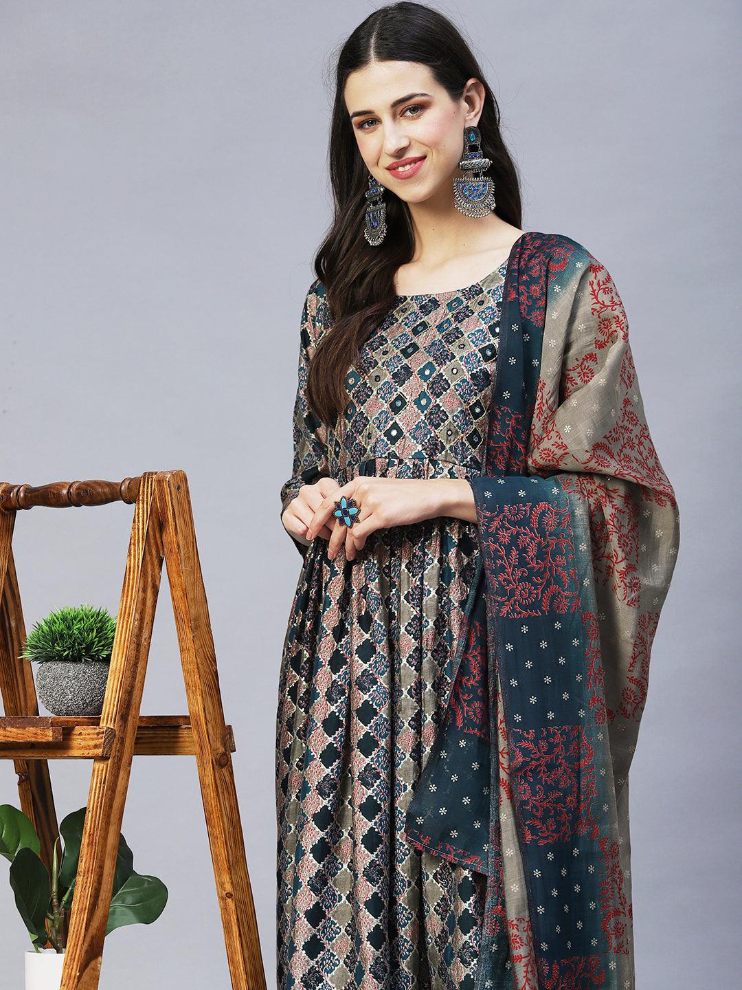 Ethnic Printed & Hand Embroidered A-Line Kurta with Pants & Dupatta - Multi - Indiakreations