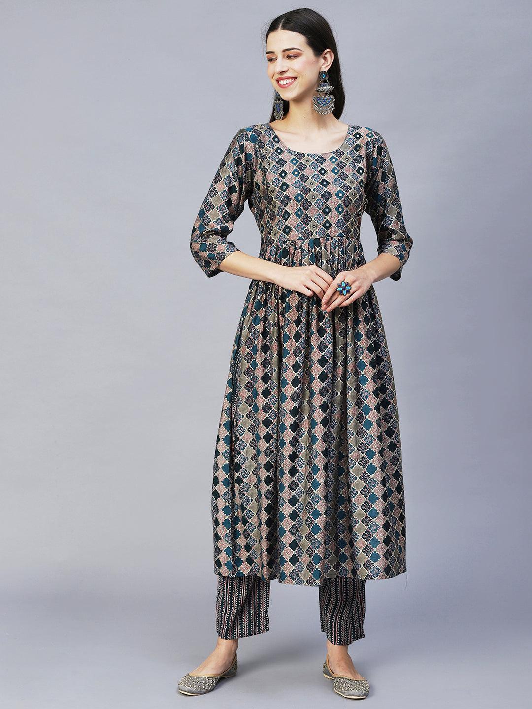 Ethnic Printed & Hand Embroidered A-Line Kurta with Pants & Dupatta - Multi - Indiakreations