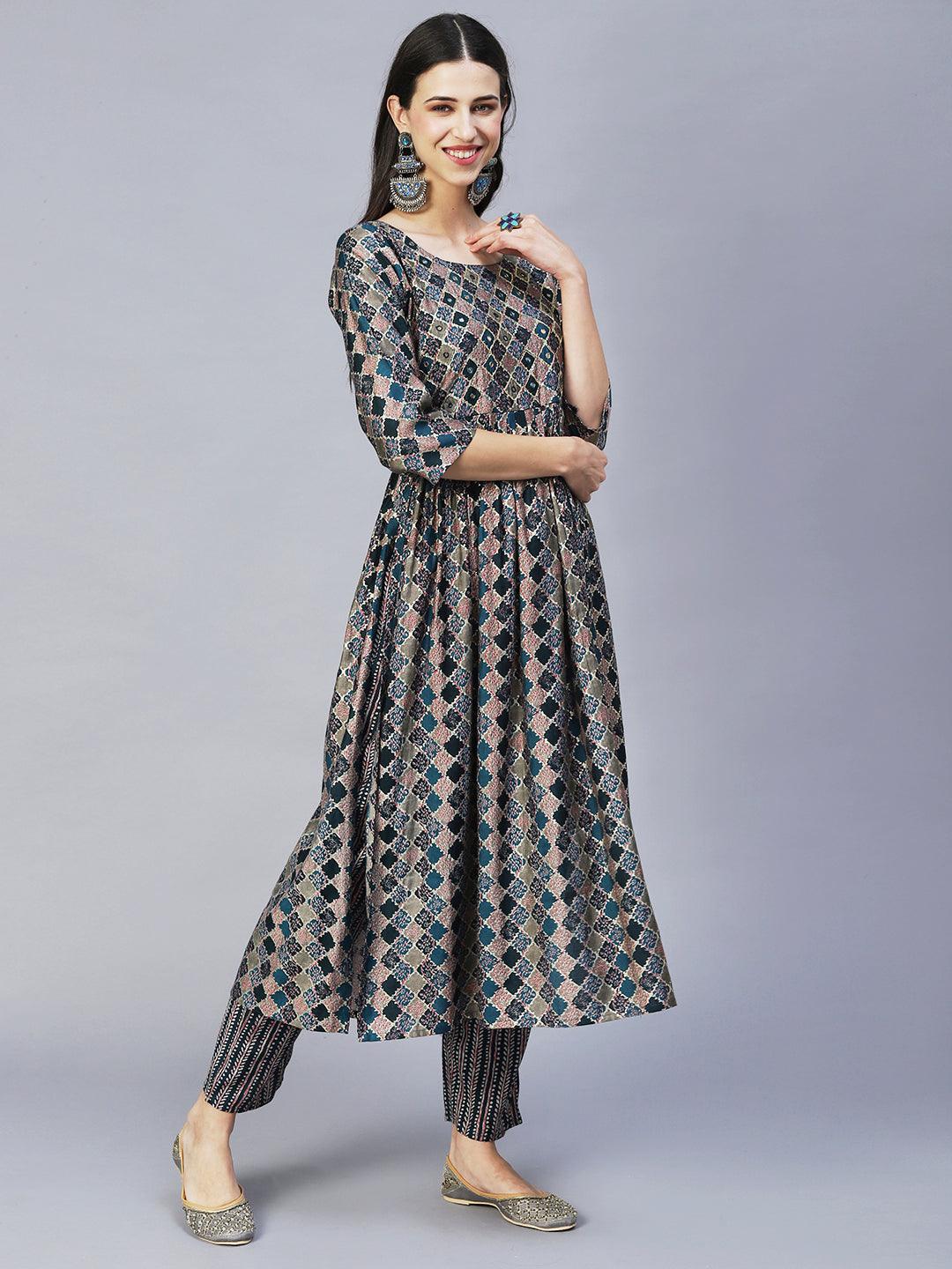 Ethnic Printed & Hand Embroidered A-Line Kurta with Pants & Dupatta - Multi - Indiakreations