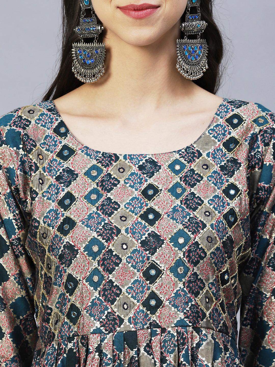 Ethnic Printed & Hand Embroidered A-Line Kurta with Pants & Dupatta - Multi - Indiakreations