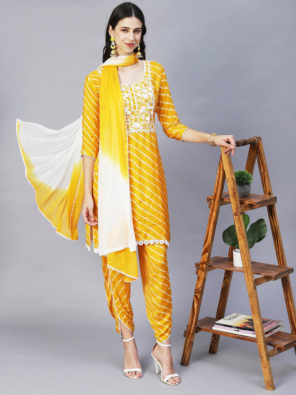 Leheriya Printed & Embroidered Straight Kurta with Pants & Dupatta - Yellow - Indiakreations