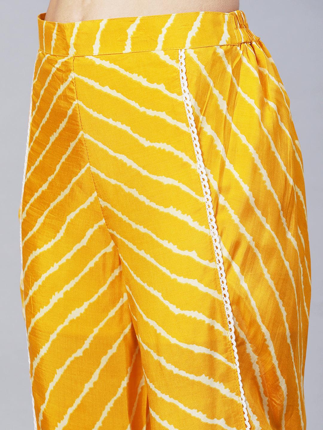 Leheriya Printed & Embroidered Straight Kurta with Pants & Dupatta - Yellow - Indiakreations