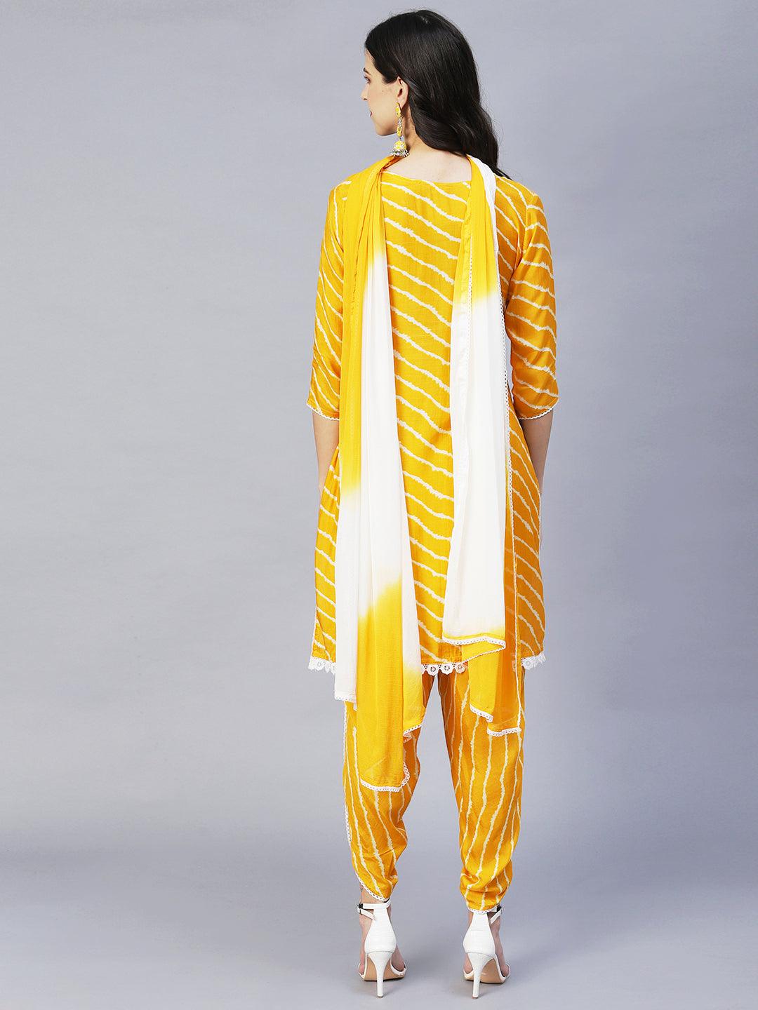 Leheriya Printed & Embroidered Straight Kurta with Pants & Dupatta - Yellow - Indiakreations