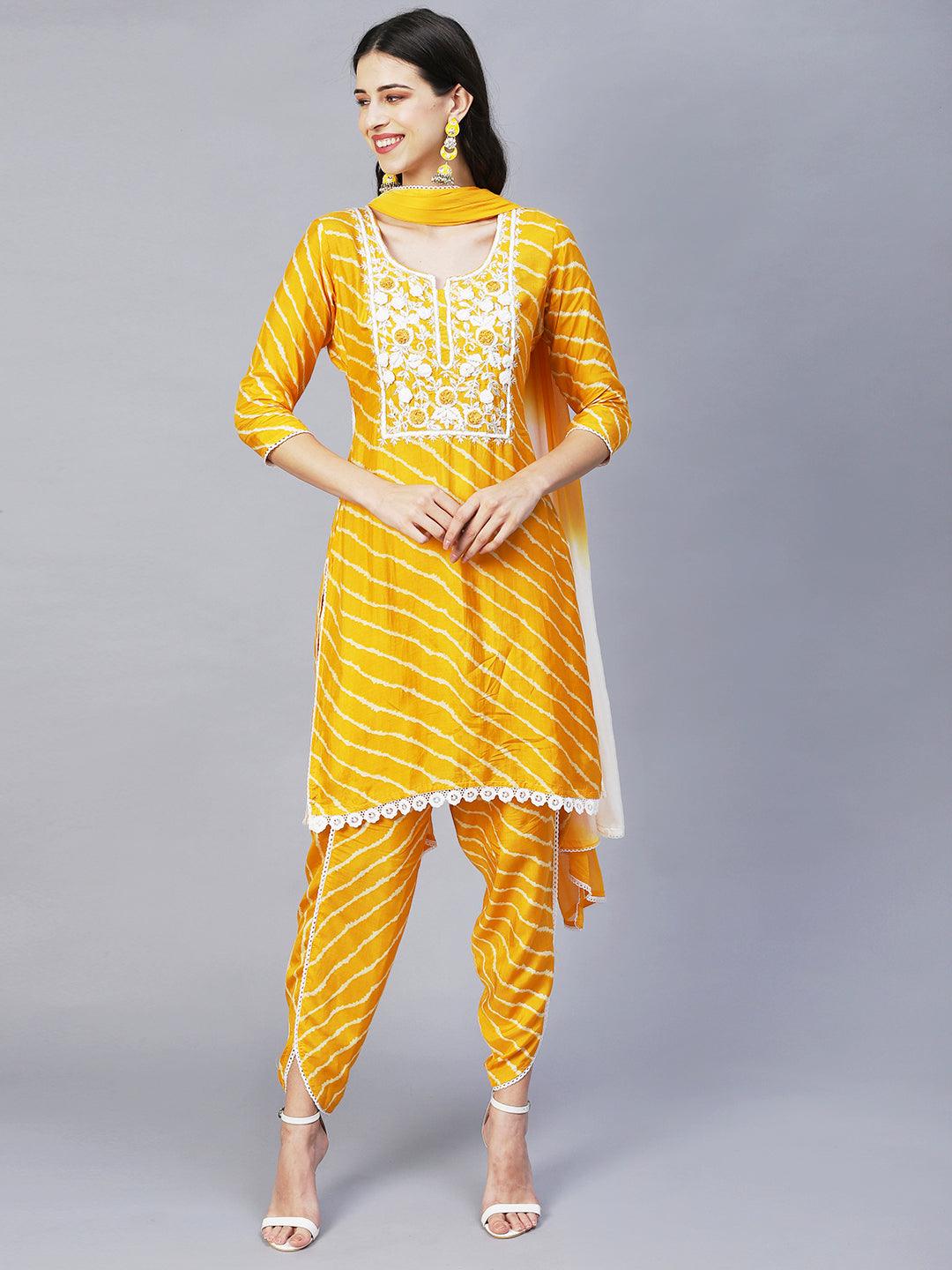 Leheriya Printed & Embroidered Straight Kurta with Pants & Dupatta - Yellow - Indiakreations