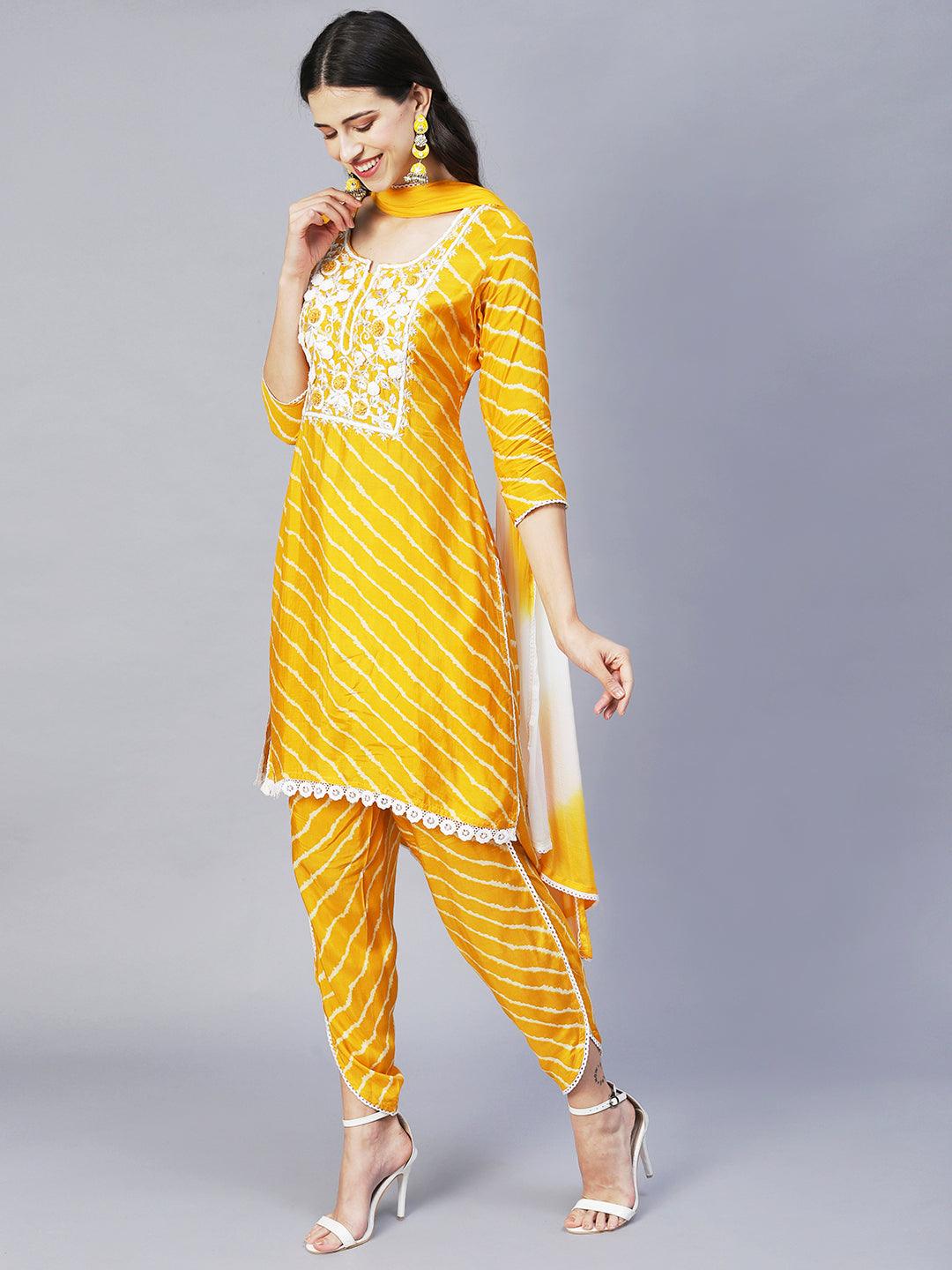 Leheriya Printed & Embroidered Straight Kurta with Pants & Dupatta - Yellow - Indiakreations