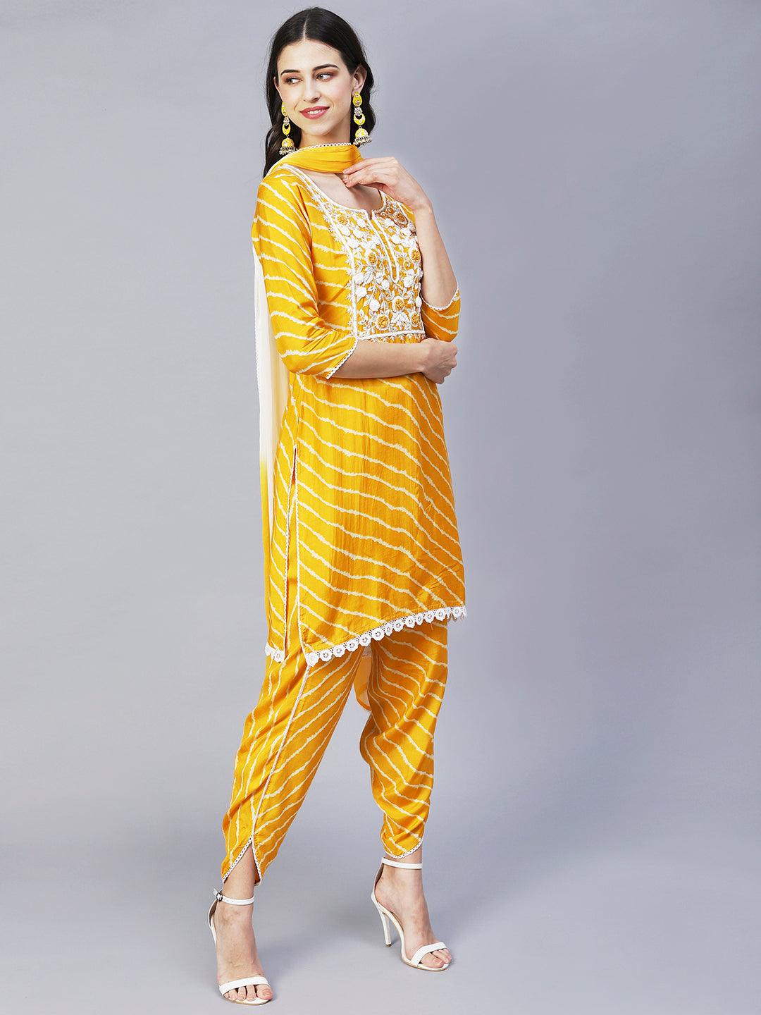 Leheriya Printed & Embroidered Straight Kurta with Pants & Dupatta - Yellow - Indiakreations