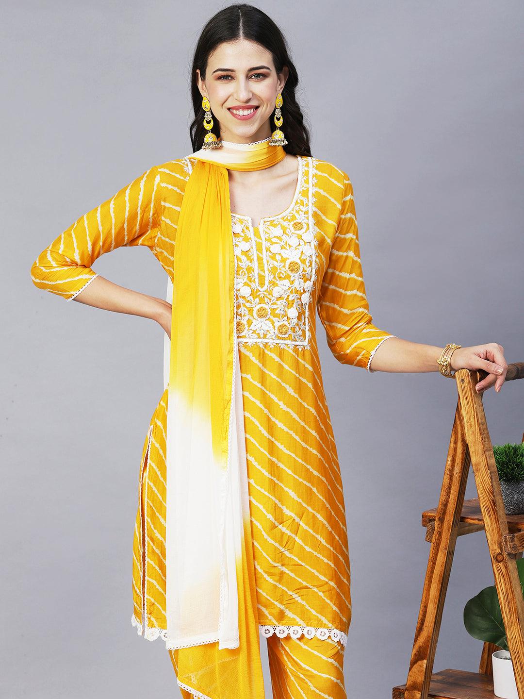 Leheriya Printed & Embroidered Straight Kurta with Pants & Dupatta - Yellow - Indiakreations