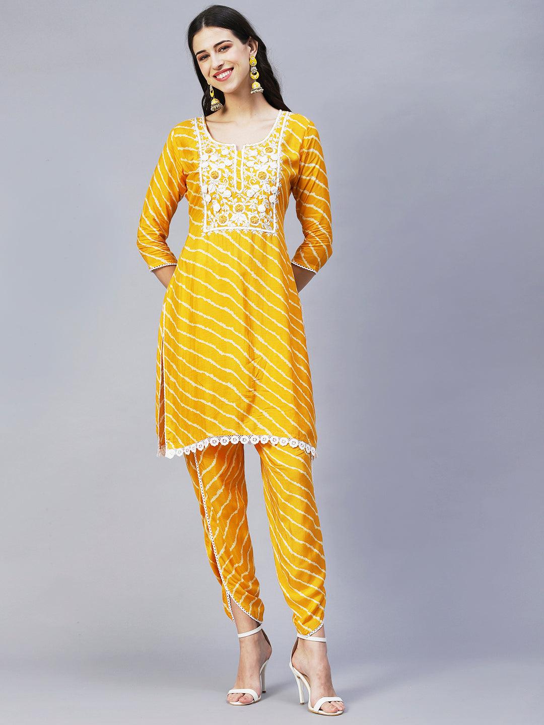 Leheriya Printed & Embroidered Straight Kurta with Pants & Dupatta - Yellow - Indiakreations