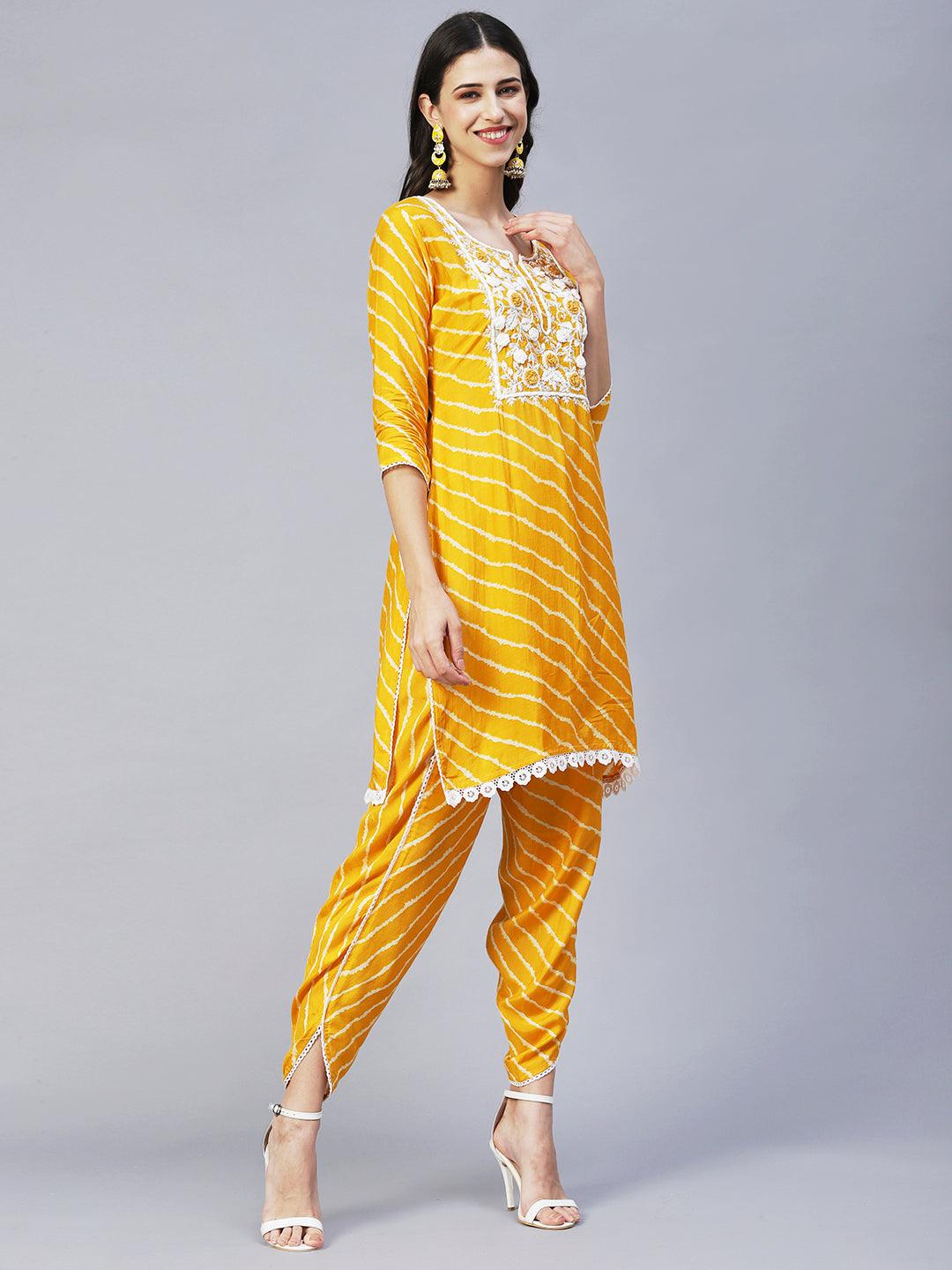 Leheriya Printed & Embroidered Straight Kurta with Pants & Dupatta - Yellow - Indiakreations